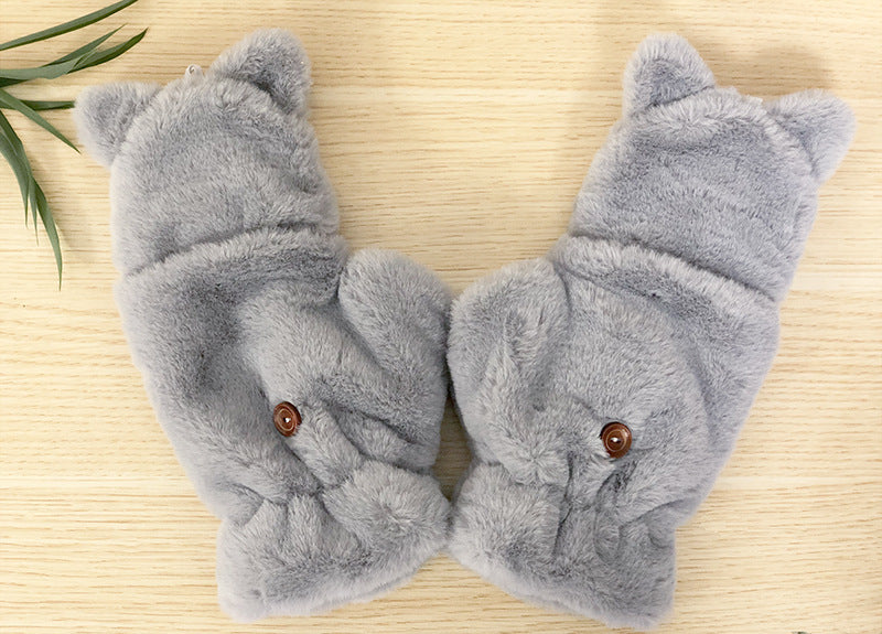 Plush Gloves Cartoon Cat Cute Half Finger Flap Warm Thickened Student Keyboard Gloves Female Winter