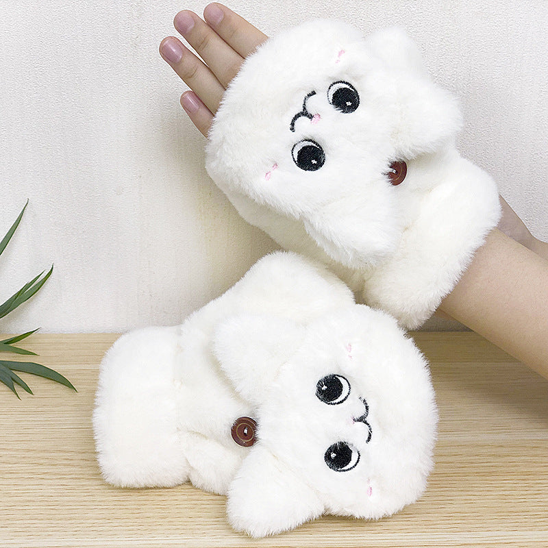 Plush Gloves Cartoon Cat Cute Half Finger Flap Warm Thickened Student Keyboard Gloves Female Winter