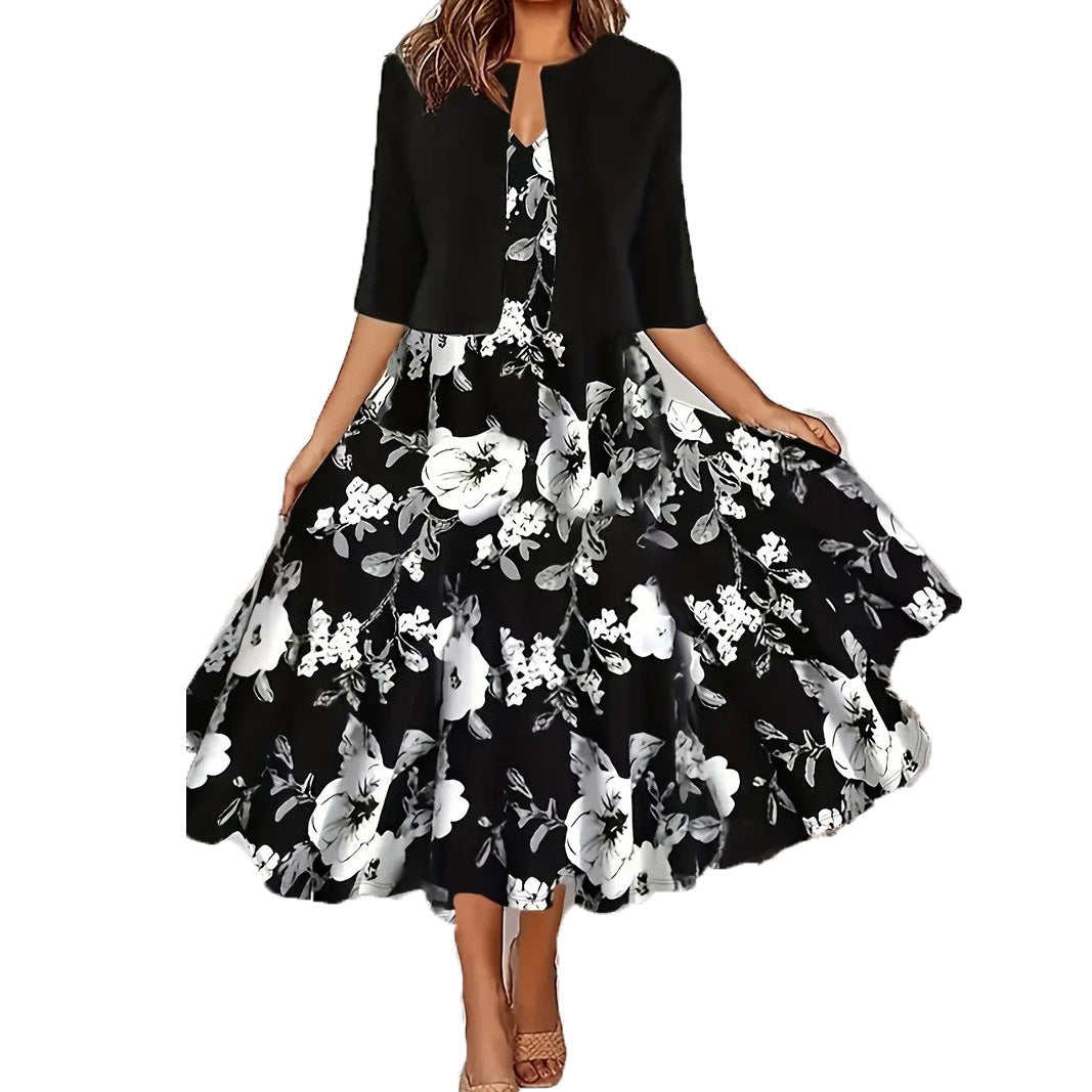Two-piece long dress with floral and grass print, round neckline
