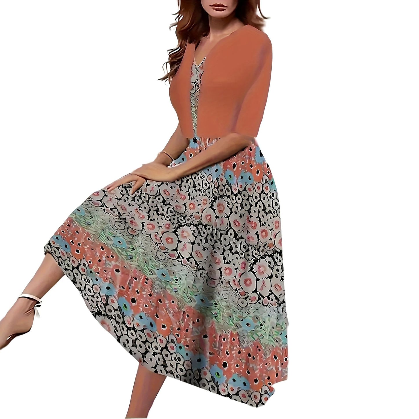 Two-piece long dress with floral and grass print, round neckline