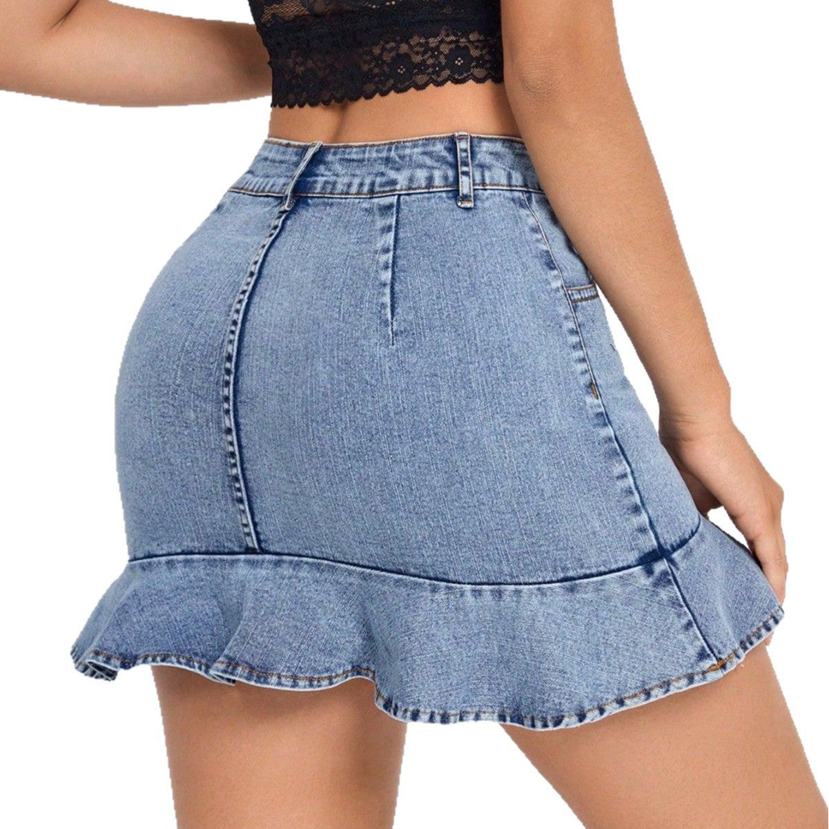 Ruffled Hem Denim Mini Skirt