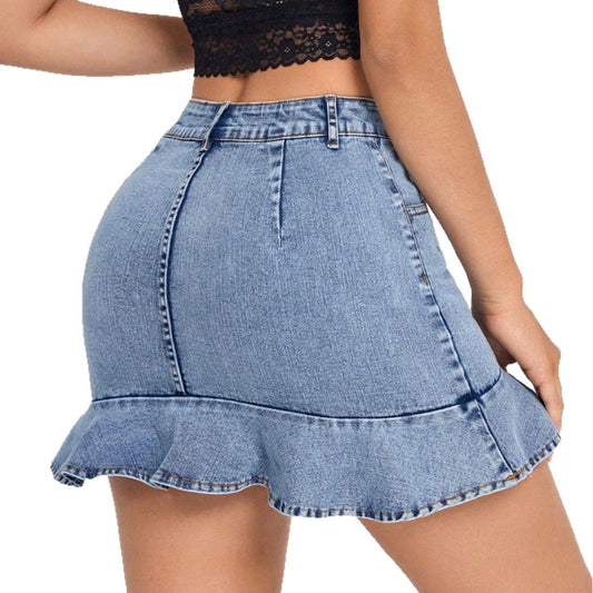 Ruffled Hem Denim Mini Skirt