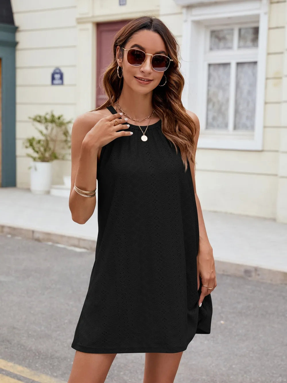 Eyelet Sleeveless Mini Dress