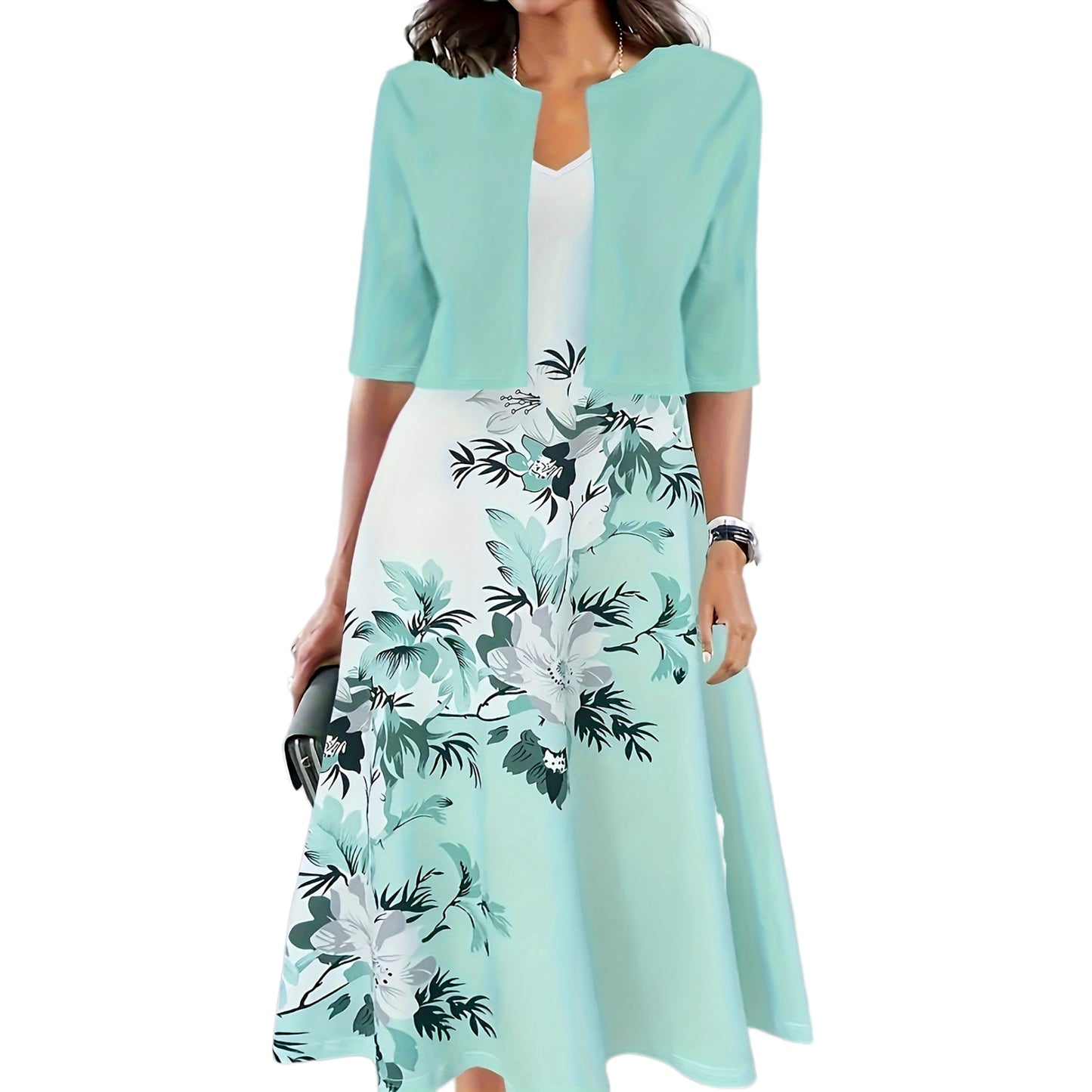 Two-piece long dress with floral and grass print, round neckline
