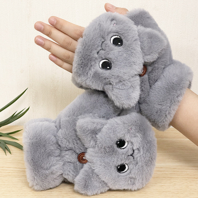 Plush Gloves Cartoon Cat Cute Half Finger Flap Warm Thickened Student Keyboard Gloves Female Winter