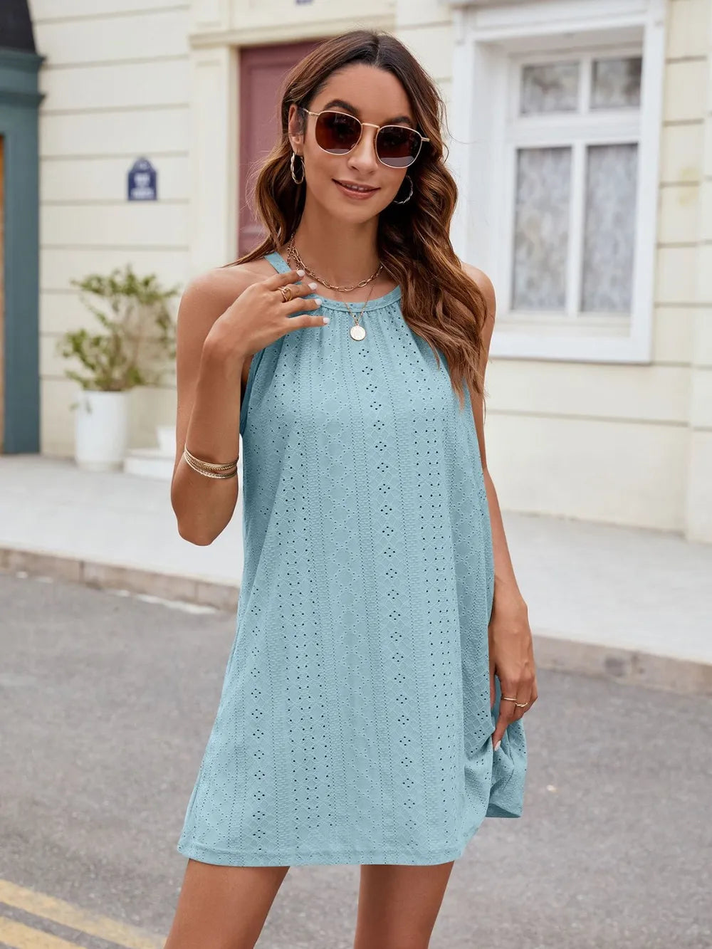 Eyelet Sleeveless Mini Dress