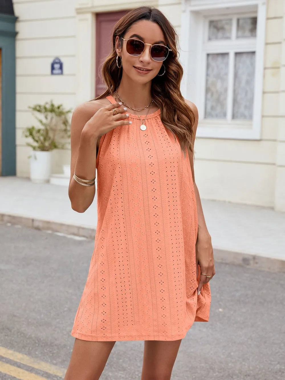 Eyelet Sleeveless Mini Dress