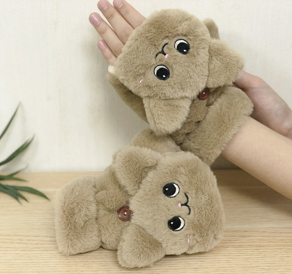 Plush Gloves Cartoon Cat Cute Half Finger Flap Warm Thickened Student Keyboard Gloves Female Winter