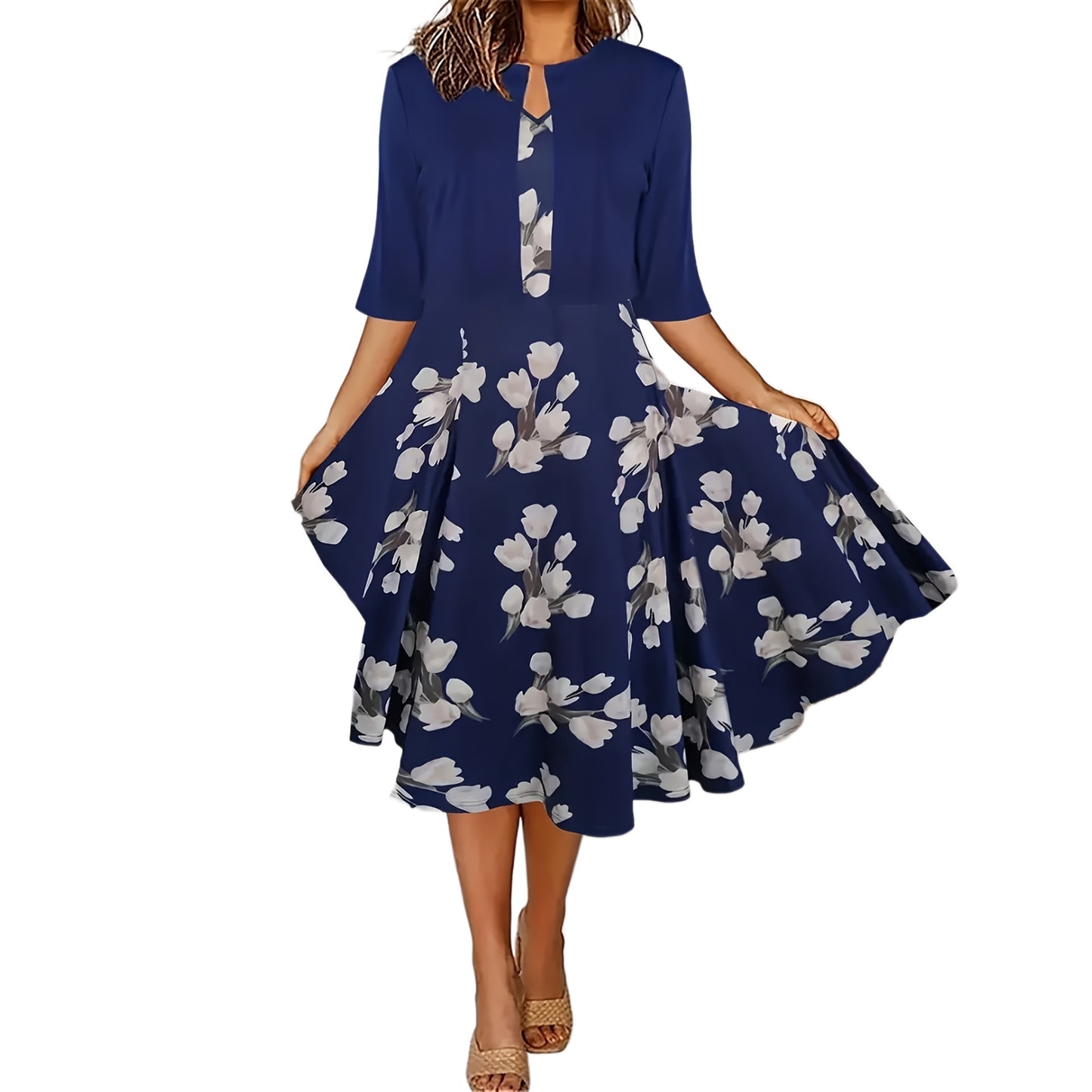 Two-piece long dress with floral and grass print, round neckline
