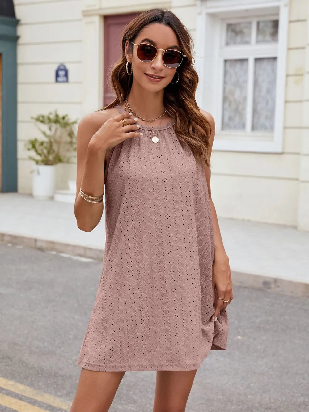 Eyelet Sleeveless Mini Dress
