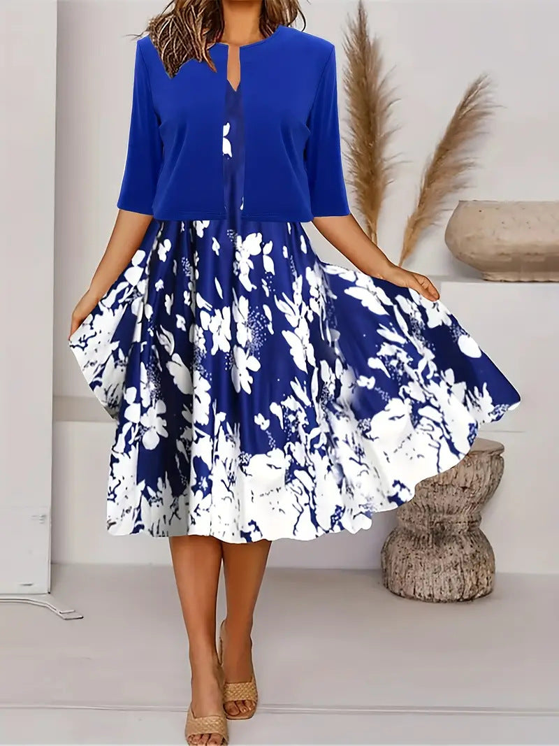 Two-piece long dress with floral and grass print, round neckline
