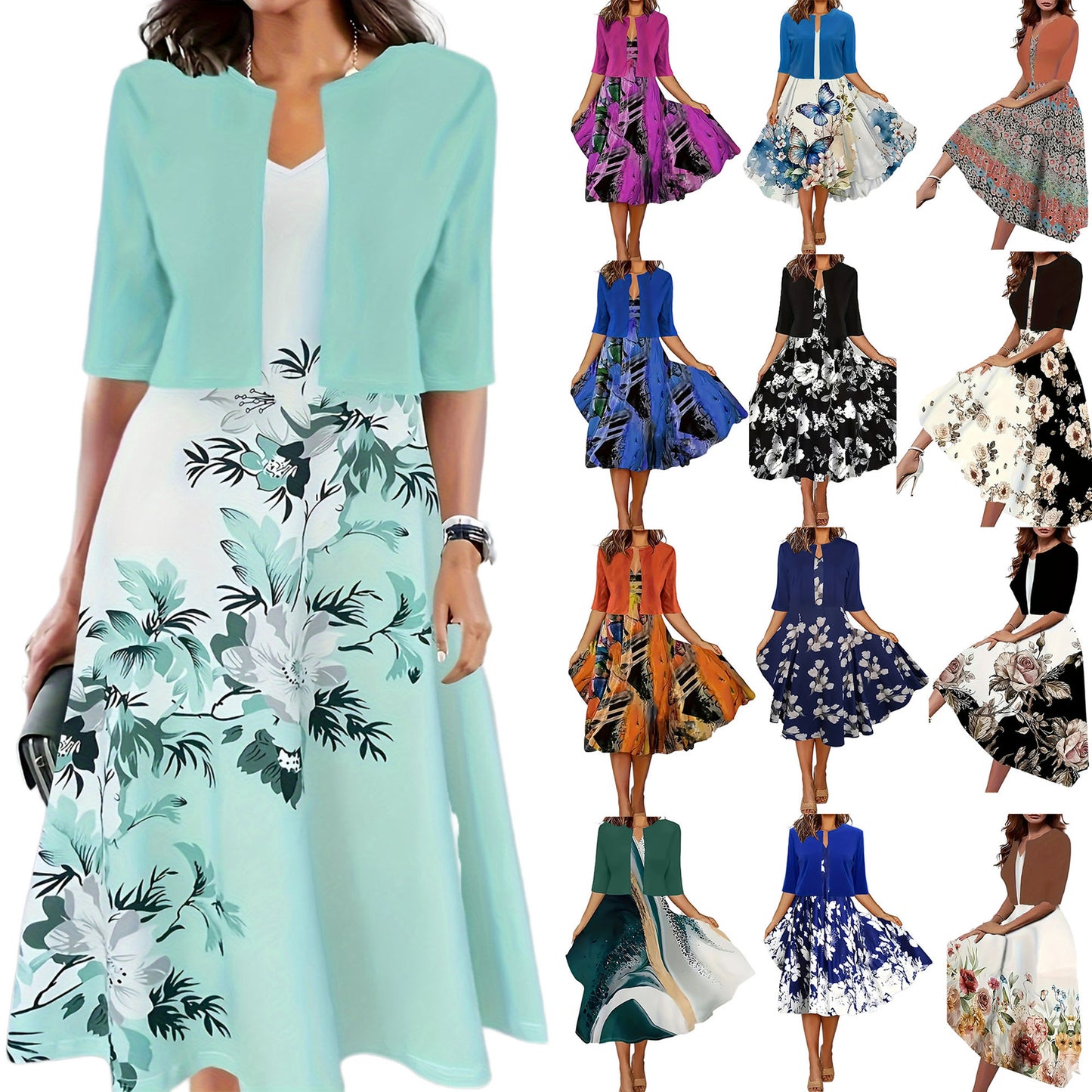 Two-piece long dress with floral and grass print, round neckline