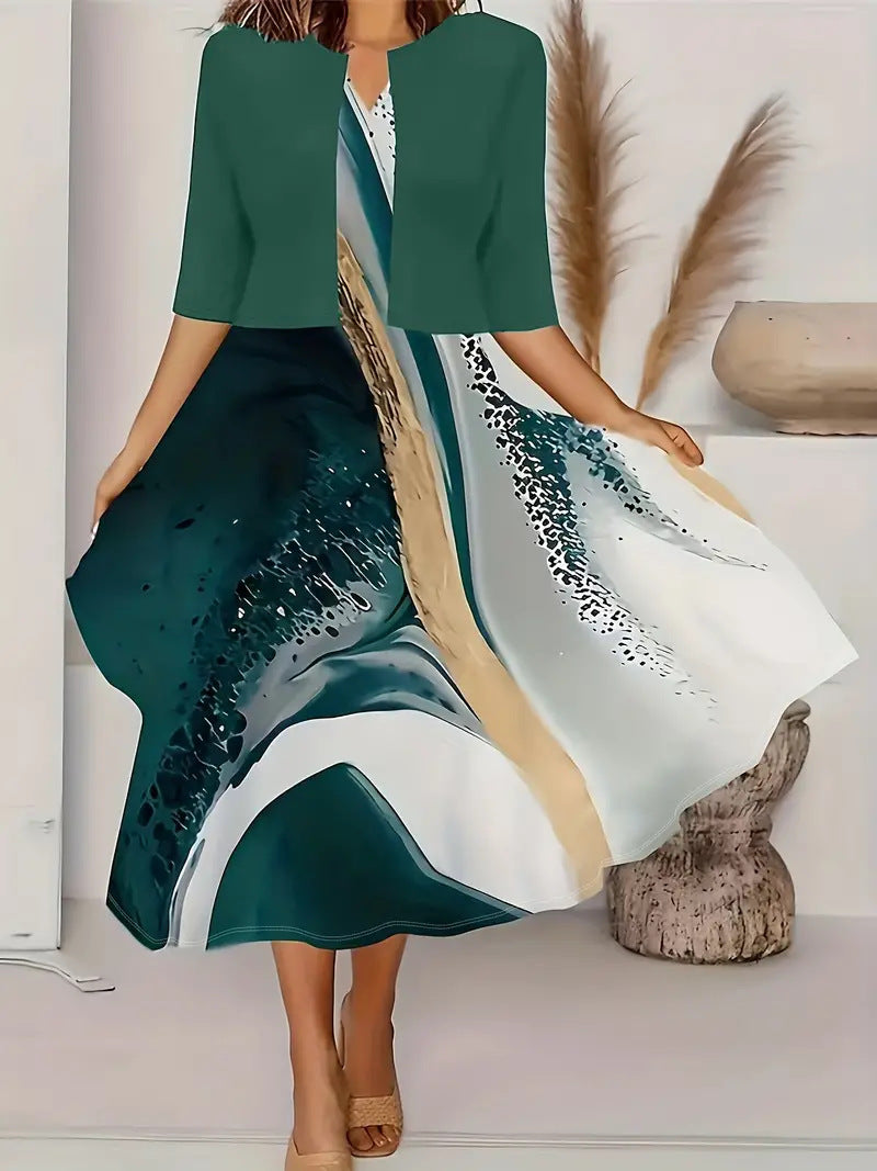 Two-piece long dress with floral and grass print, round neckline