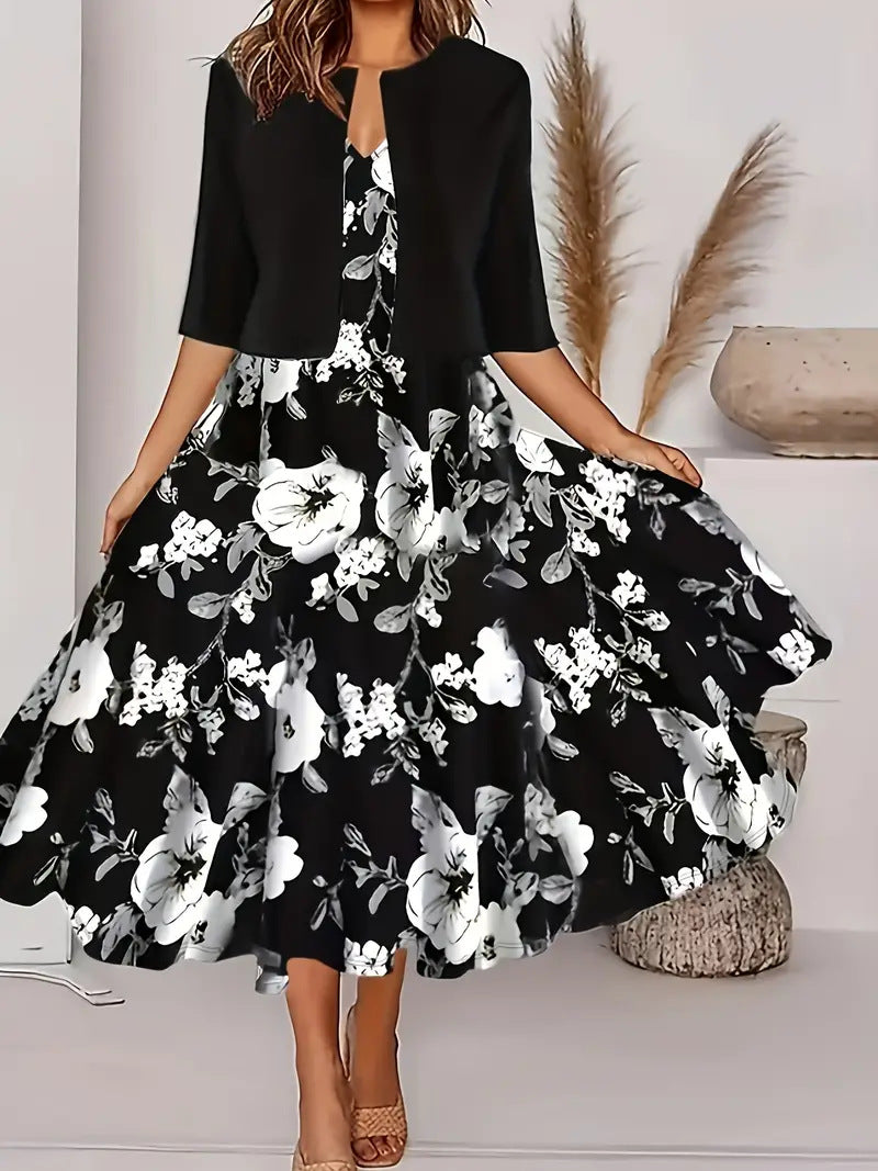 Two-piece long dress with floral and grass print, round neckline
